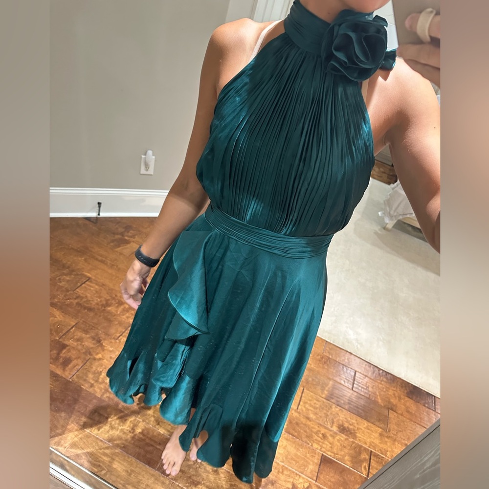 Mac Duggal HALTER NECK FLOWER DETAIL RUFFLED MIDI DRESS - Picture 6 of 12